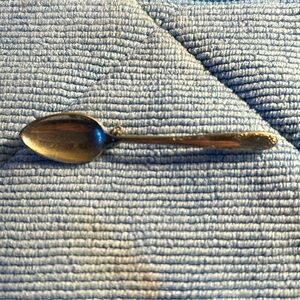 Mini silver spoon brooch with pat number
